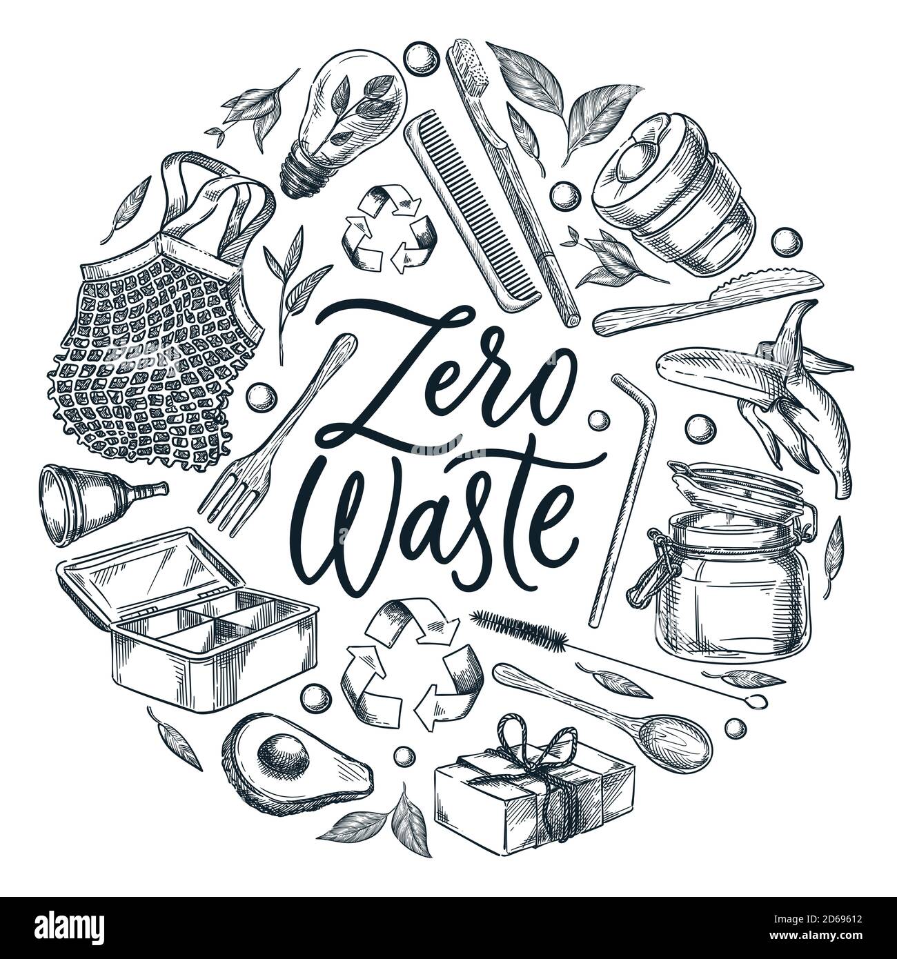 Zero Waste Kalligraphie Schriftzug Poster oder Label Design-Vorlage. Vektor-Skizze Illustration von natürlichen wiederverwendbaren Artikeln und Zubehör auf weißem Hintergrund Stock Vektor