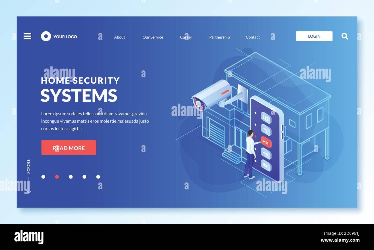 Smart Home, Fernüberwachung und Sicherheitssystem App-Konzept. Vektor-3d-isometrische Darstellung. Man steuert die CCTV-Kamera des Hauses durch sma Stock Vektor