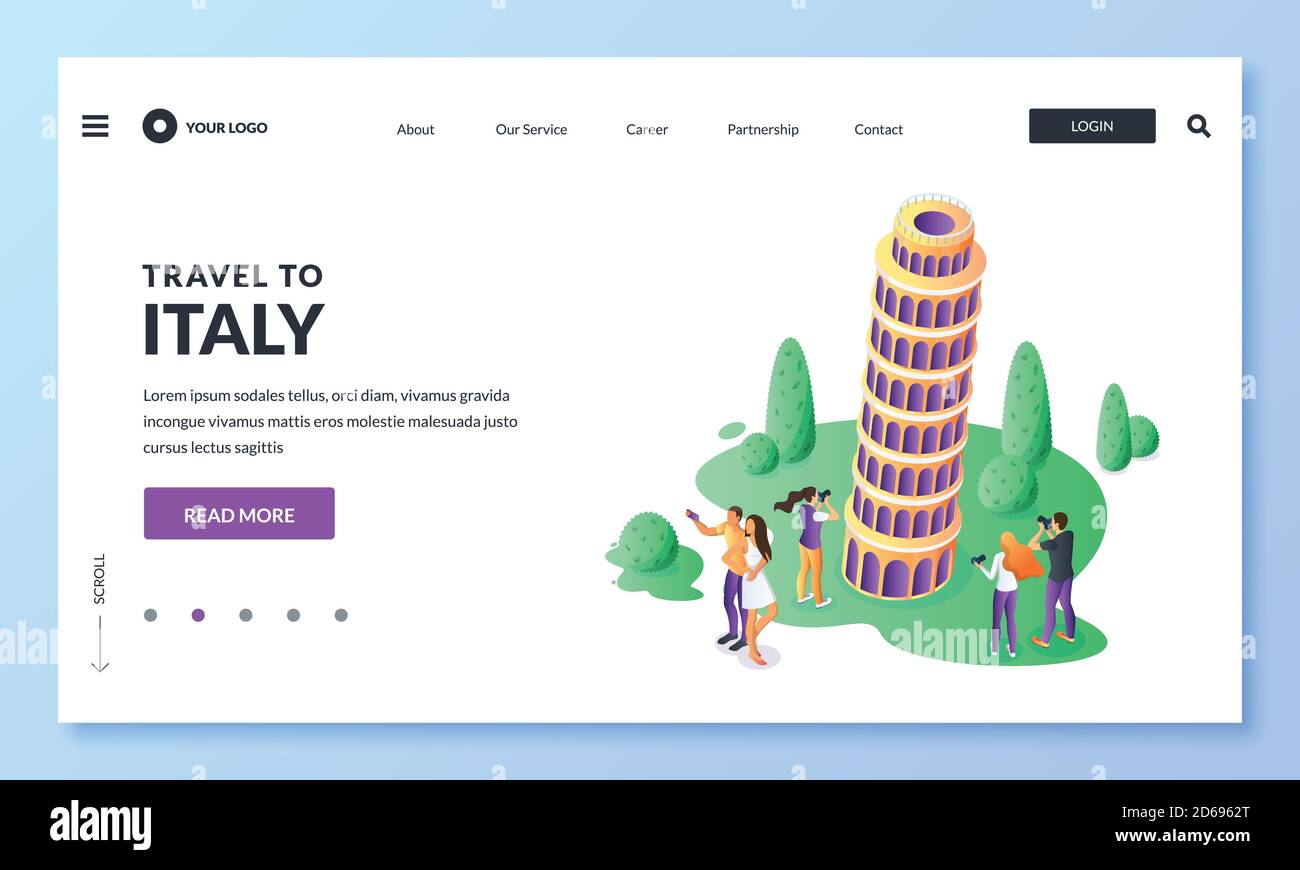 Reise nach Italien Vektor 3d isometrische Illustration. Touristen machen Foto und Selfie auf dem Hintergrund des Schiefen Turms von Pisa. Web-Landing-Page, Banner Stock Vektor