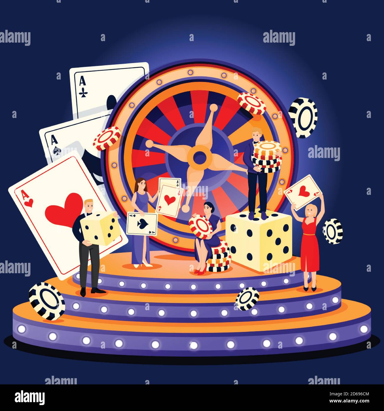 Casino Roulette und Glücksspiele Konzept. Menschen mit Poker-Chips und Würfel. Vektor flache Cartoon-Figuren Illustration. Männer in Tuxedos, Frauen in ev Stock Vektor