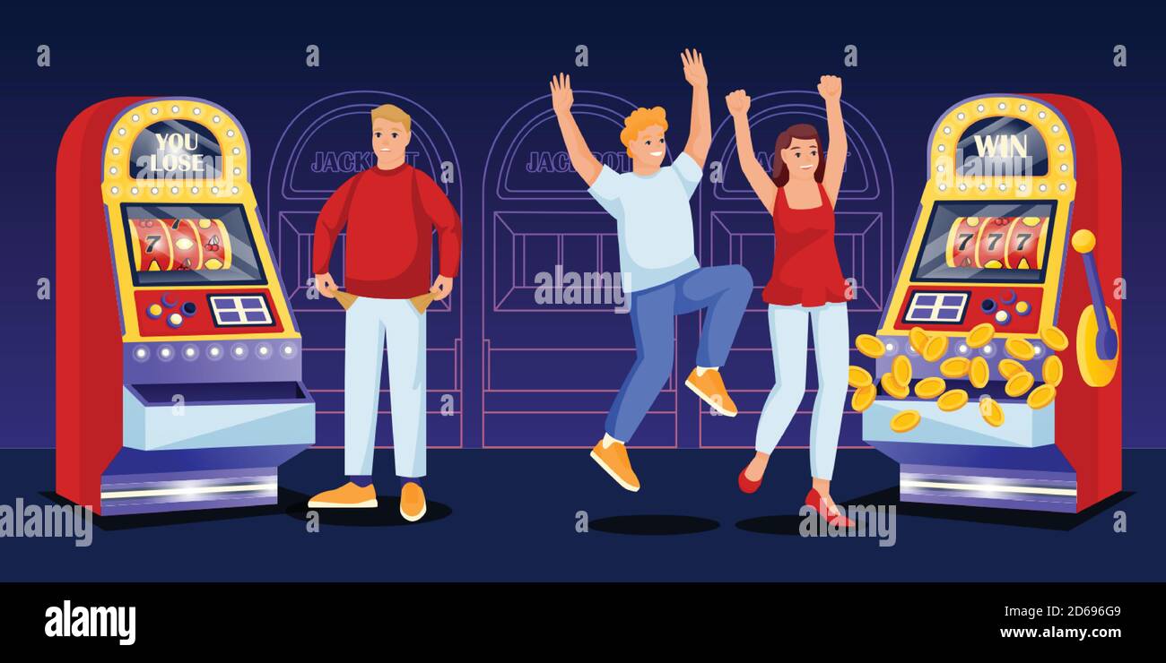 Casino Glücksspiel Spiele Konzept. Die Menschen spielen Spielautomat, Vektor-flachen Cartoon-Figuren Illustration. Glückliches Paar gewinnt Geld Jackpot in Spielautomaten, Stock Vektor