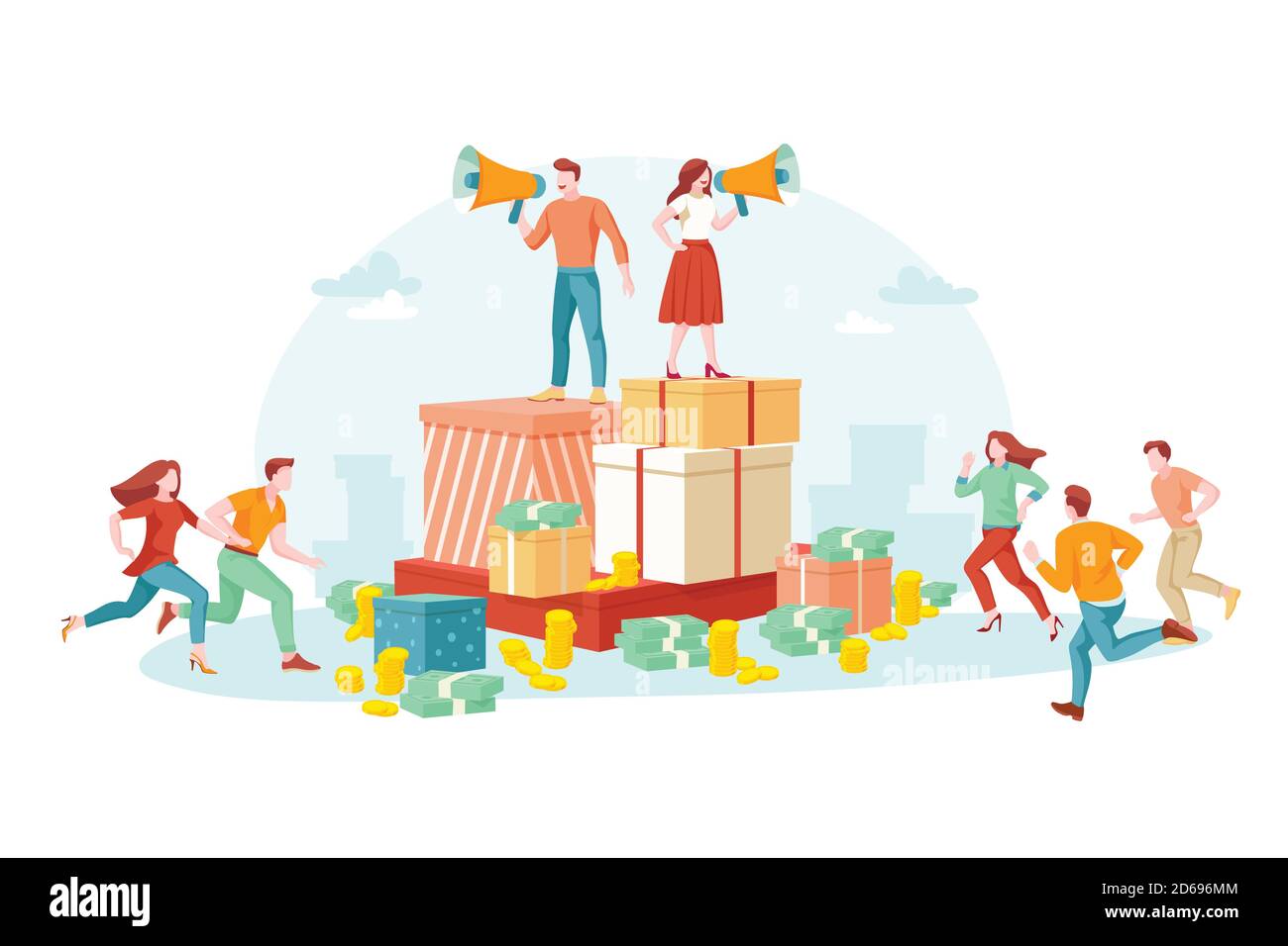 Empfehlen Sie einen Freund, Vektor flach Cartoon Illustration. Mann und Frau mit Lautsprechern, stehen auf Geschenkschachteln und rufen Freunde an. Geschäftsmarketing, siehe Stock Vektor