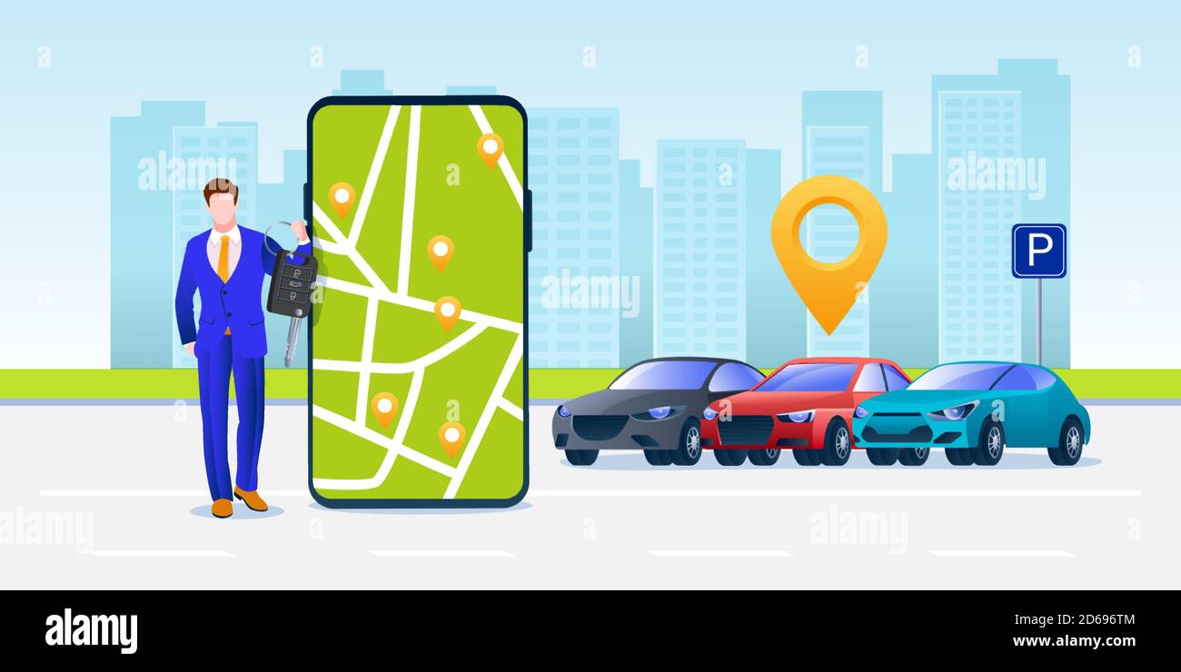 Carsharing Business Vektor flache Illustration. Geschäftsmann vermietet Auto in der Stadt. Online-Smartphone-Anwendung Car Share oder Fahrzeugvermietung Service. Stock Vektor