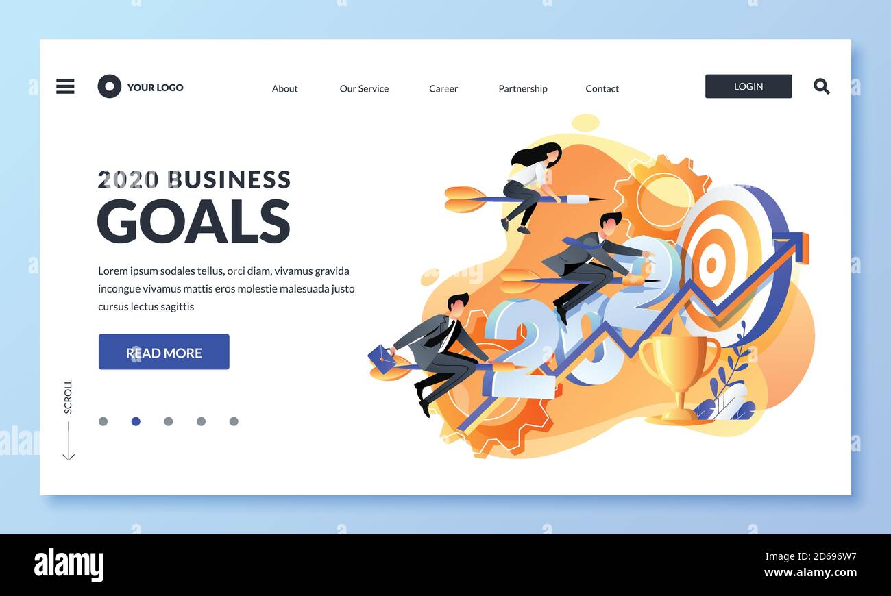 Geschäftszielstrategie und -Erreichung im neuen Jahr 2020. Vektor flache Cartoon-Illustration. Erfolgreiche Business-Team fliegen auf Darts Pfeile in Richtung GO Stock Vektor