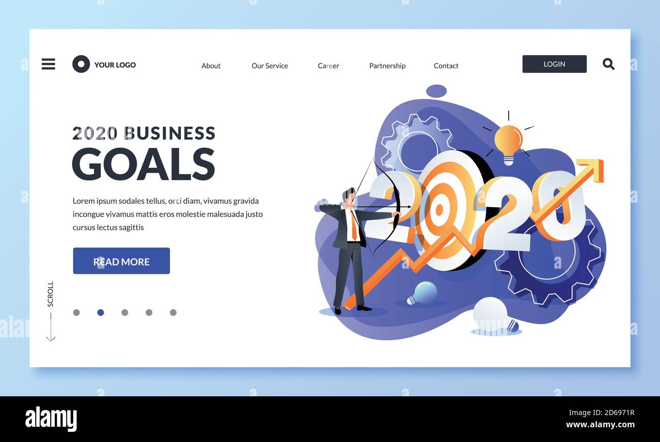 Geschäftsziele, Anlagestrategie, Ertragswachstum im neuen Jahr 2020. Vektor flache Cartoon Illustration von Geschäftsmann schießt Ziel mit Bogen und Growin Stock Vektor