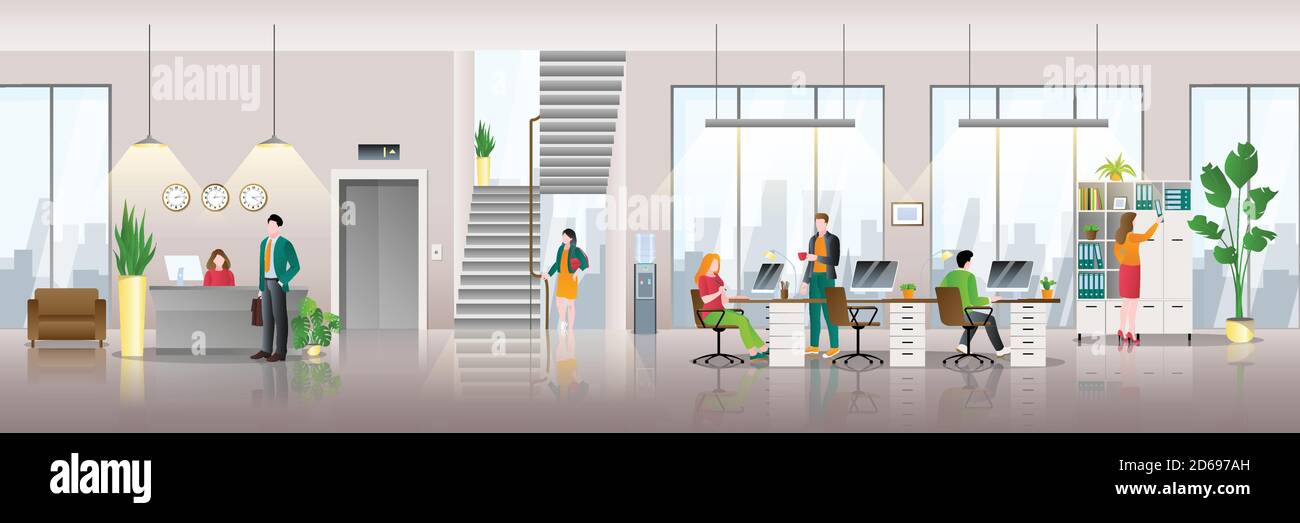 Modernes Business Center im Hintergrund. Mitarbeiter bei der Arbeit im Büro. Vektor flache Illustration des kreativen Arbeitsbereichs. Stock Vektor