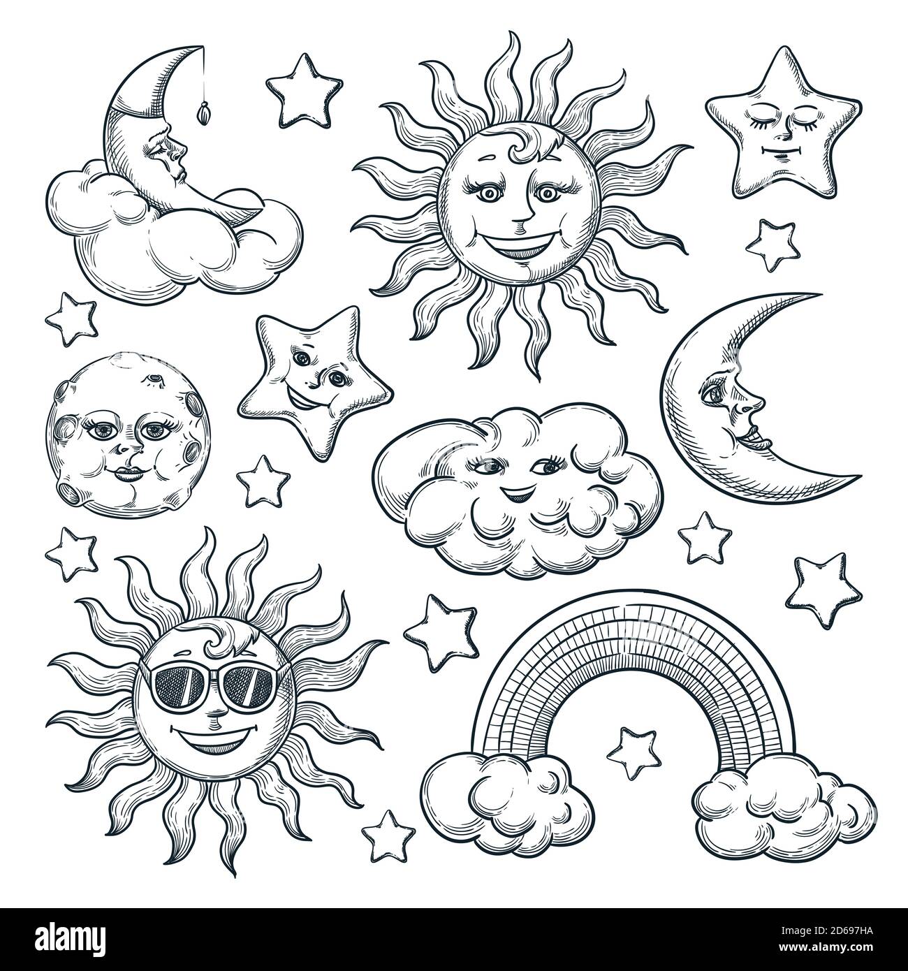 Sky Vintage Design-Elemente gesetzt, isoliert auf weißem Hintergrund. Vektor handgezeichnete Skizze Illustration von Mond, Sonne, Sternzeichen. Doodle-Space-Symbole Stock Vektor