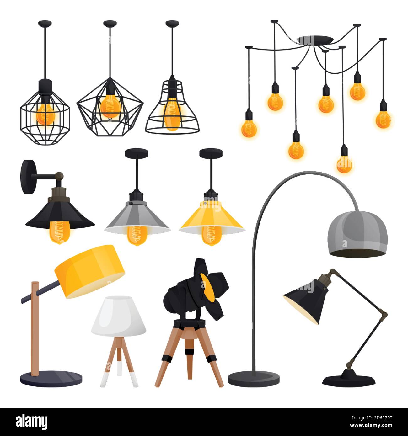 Moderne elektrische Lampen Kollektion. Wandleuchten, Kronleuchter, Stehlampen, isoliert auf weißem Hintergrund. Loft Glühbirnen Ausrüstung, Vektor-Illustration Stock Vektor