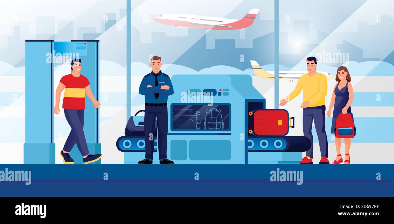 Check-in-Sicherheitskontrollpunkt für Gepäck am Flughafenterminal. Vektorgrafik. Menschen mit Gepäck, Wache Comic-Figuren. Verbot von Handgepäck Stock Vektor