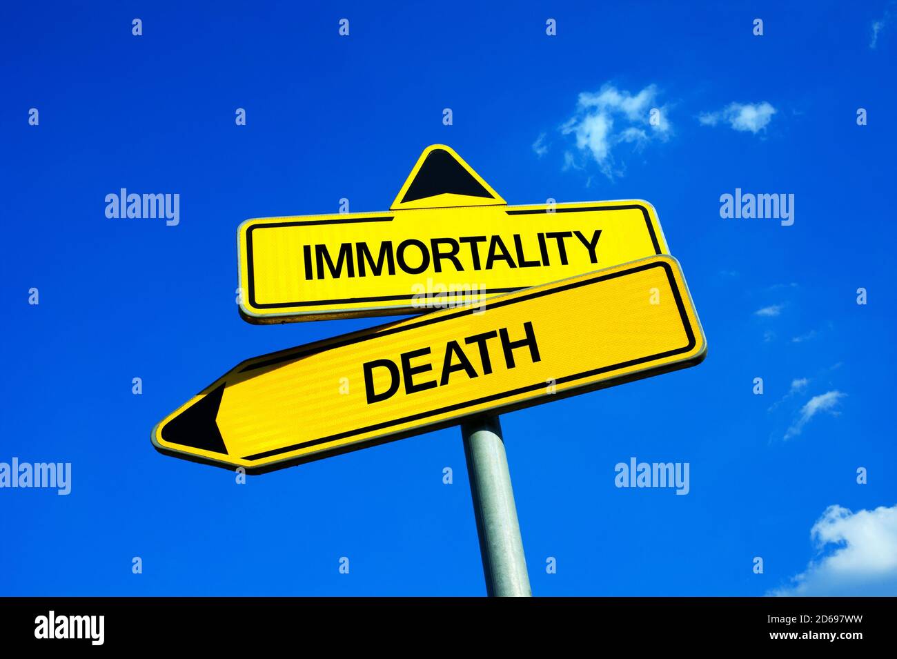 Unsterblichkeit vs Tod - Verkehrszeichen mit zwei Optionen - Sterblichkeit, Altern und Lebensende vs Langlebigkeit, Verjüngung, ewiges Leben. Frage der Medizin Stockfoto