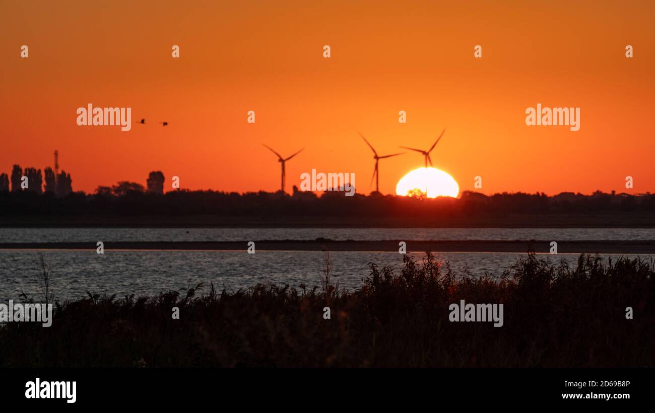 Windgeneratoren Farm Silhouette an der Küste im Sonnenaufgang rot orange vibrierenden Himmel und große aufgehende Sonne. Energieturbinen nachhaltige Industrie Stockfoto