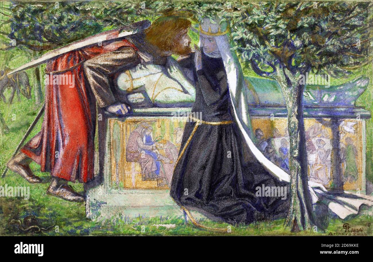 Sir Lancelot. 'Arthur's Tomb, the Last Meeting of Lancelot and Guenevere' von Dante Gabriel Rossetti, Aquarell mit Körperfarbe und Graphit auf Papier, 1854 Stockfoto