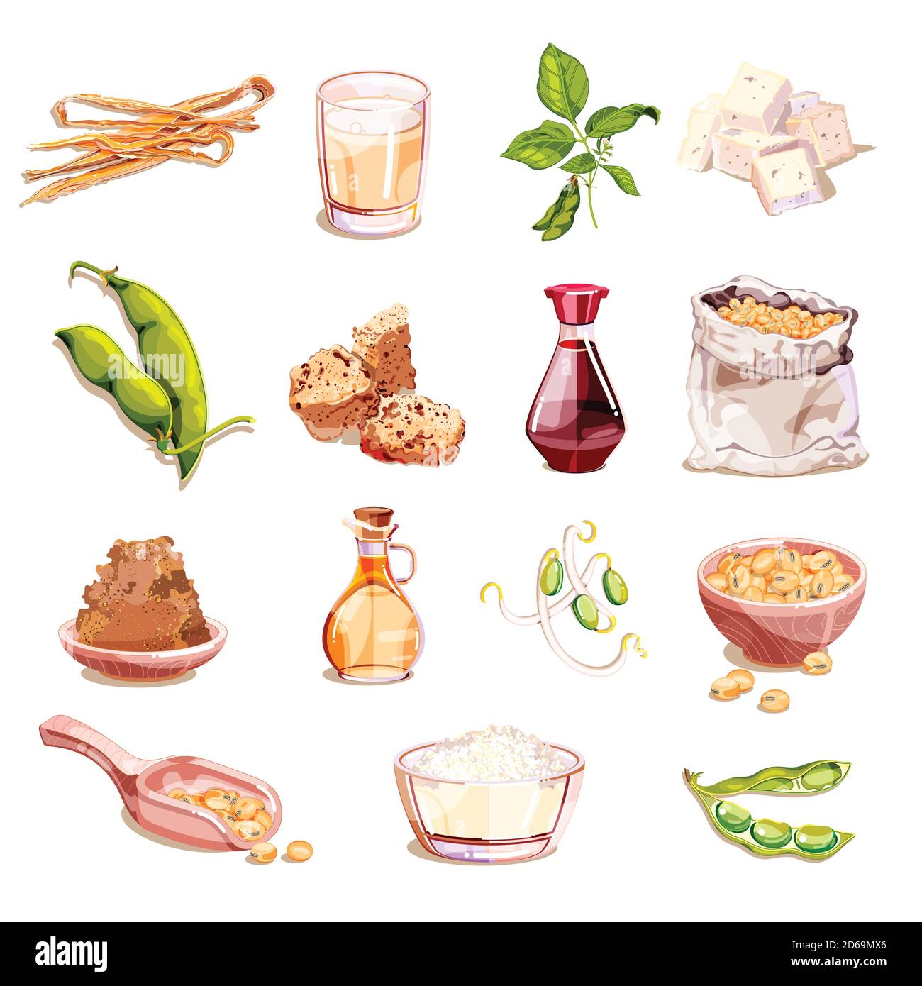 Sojabohnen und Soja Lebensmittel Vektor Cartoon Illustration. Vegetarische Produkte Icons und Design-Elemente. Sojamilch, Tofu, Sprossen, Fleisch, isoliert auf weißem Rücken Stock Vektor
