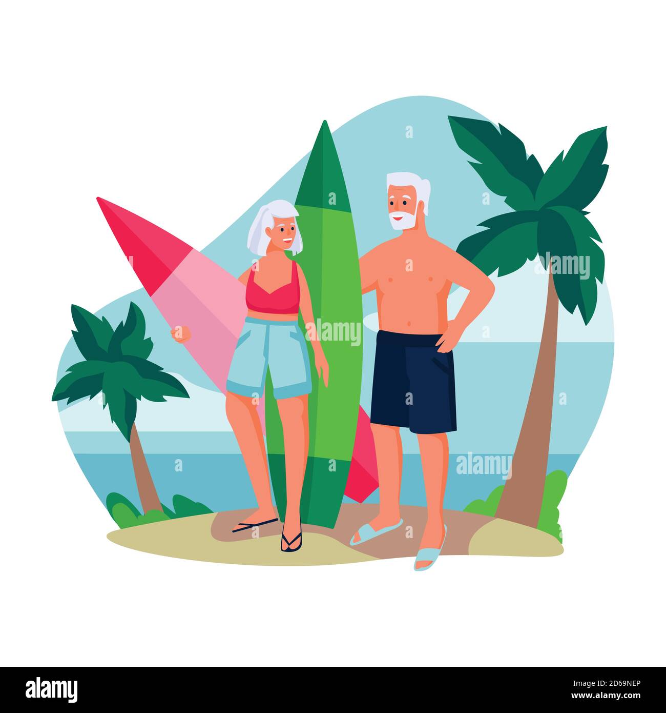 Ein älteres Paar mit Surfbrettern am Meer. Vector flache Cartoon Illustration der Sommer Strand Freizeit im Freien. Konzept der aktiven gesunden Lebensstil Stock Vektor