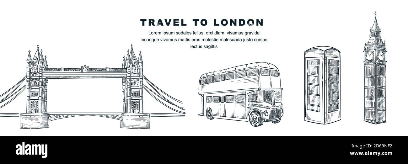 Reisen Sie nach London handgezeichnete Designelemente. Vektor-Skizze Illustration von Big Ben, Tower Bridge, Telefonzelle, Doppeldecker-Bus. Großbritannien fa Stock Vektor