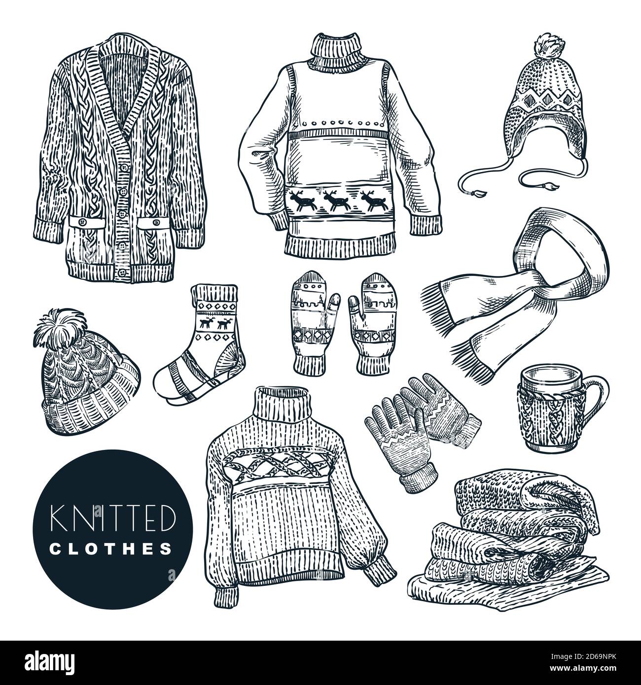 Gestrickte Winter- und Herbstkleidung, isoliert auf weißem Hintergrund. Vektor handgezeichnete Skizzendarstellung. Herbst handgemachte Mode Wolle Kleidung und ac Stock Vektor