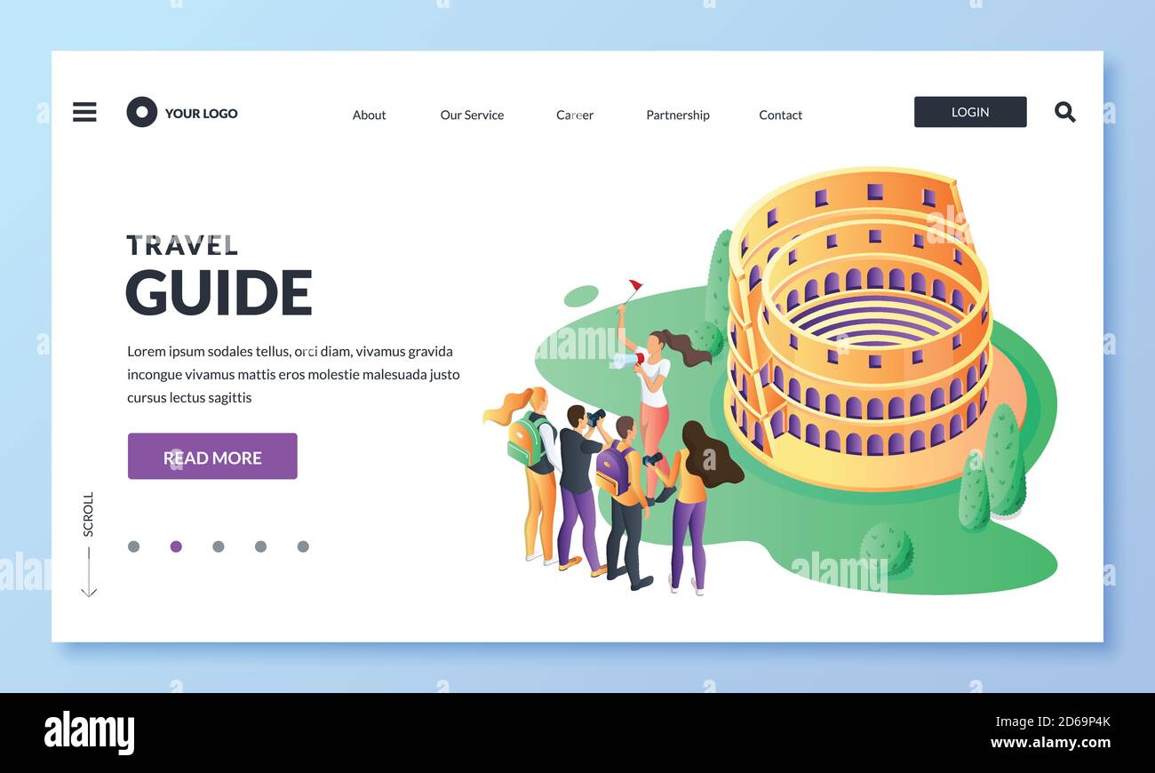 Reise nach Italien und Rom Vektor 3d isometrische Illustration. Führer und Gruppe von Touristen auf Ausflug in Kolosseum. Web-Landing-Page, Banner oder Poster de Stock Vektor