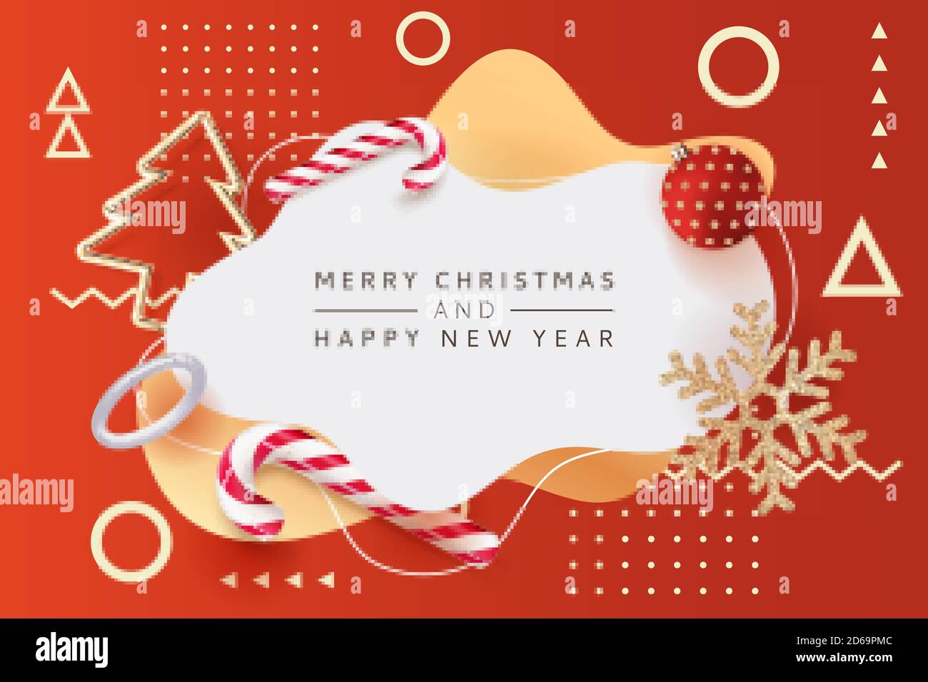Frohe Weihnachten, Frohes Neues Jahr Poster, Banner mit weißem Rahmen. Vektor 3d realistische Illustration von gestreiften Süßigkeiten, Gold Metall Weihnachtsbaum, glänzend s Stock Vektor