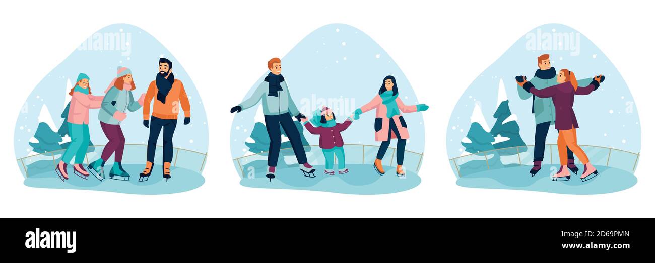 Glückliche Familien und Paare Schlittschuhlaufen auf der Eisbahn. Vector flache Cartoon Illustration der Winter Outdoor-Aktivitäten. Saisonale Feiertage Banner oder Etiketten Stock Vektor