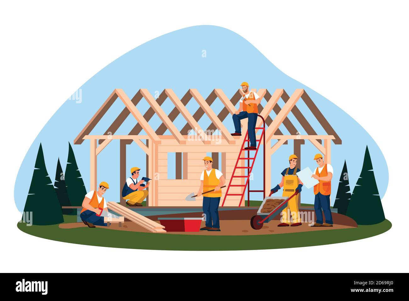 Holz Öko Haus Bauprozess. Vektor flache Cartoon-Illustration. Arbeiter und Bauherren Gebäude Haus oder Ferienhaus im Wald. Stock Vektor