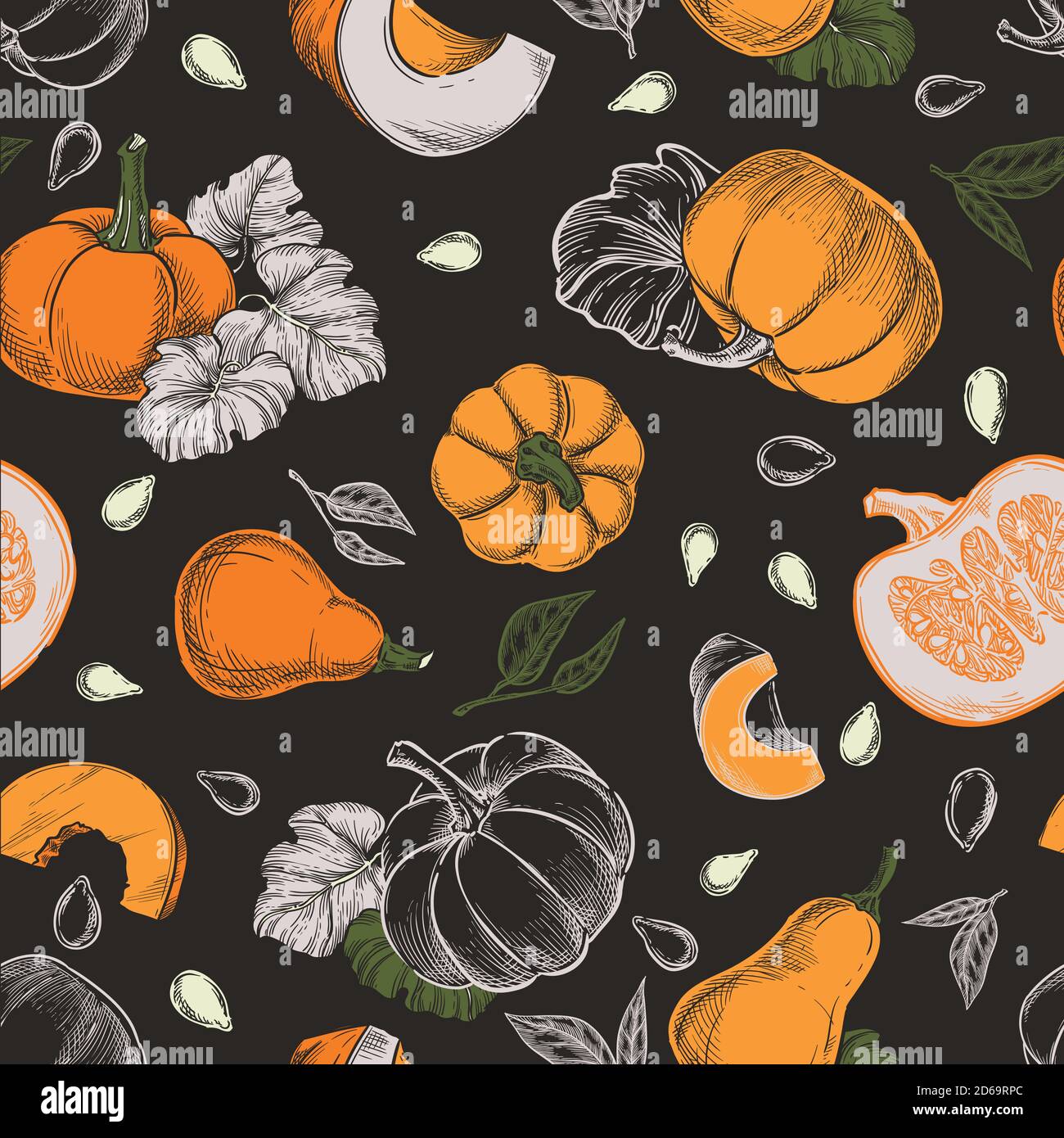 Bunte Kürbisse Vektor nahtlose Muster. Skizze handgezeichnete Illustration. Herbst Kürbis Ernte, Samen, Farm Food Paket schwarzen Hintergrund. Stock Vektor