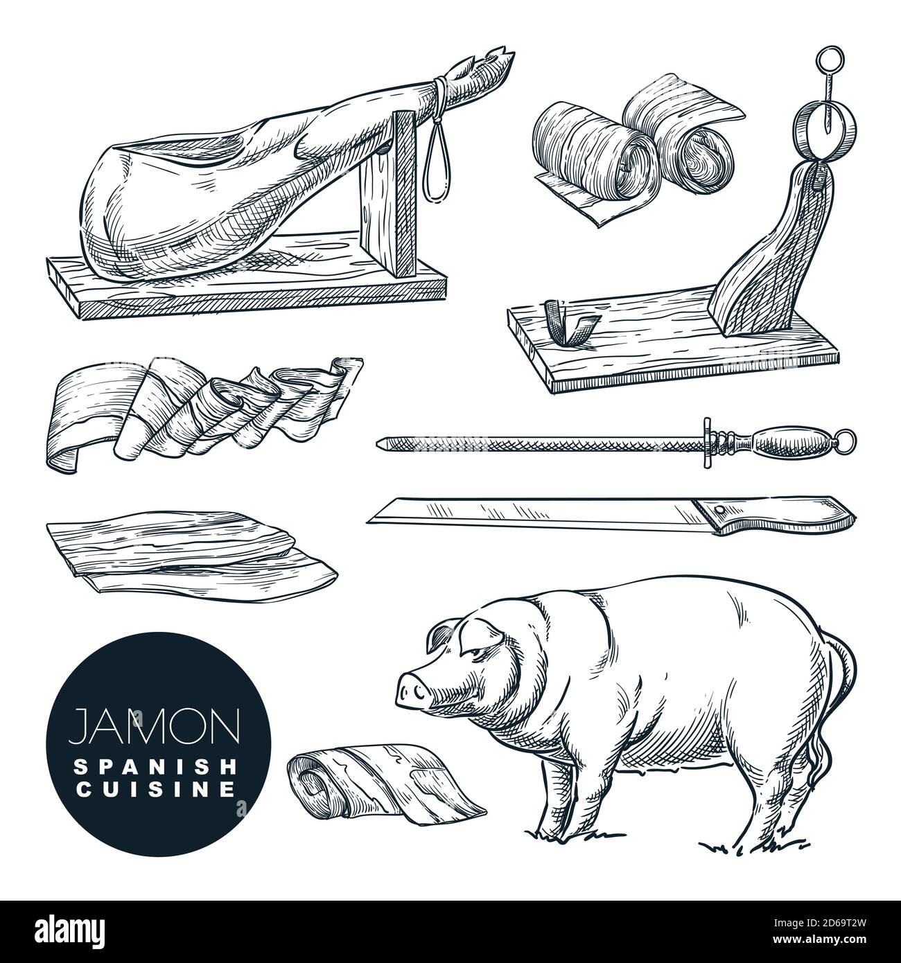 Köstliche iberische Schweinefleisch Jamon Bein und Schneidwerkzeuge. Skizzenvektor Illustration der spanischen Gourmet-Küche. Handgezeichnete Delikatessen isolierte desig Stock Vektor