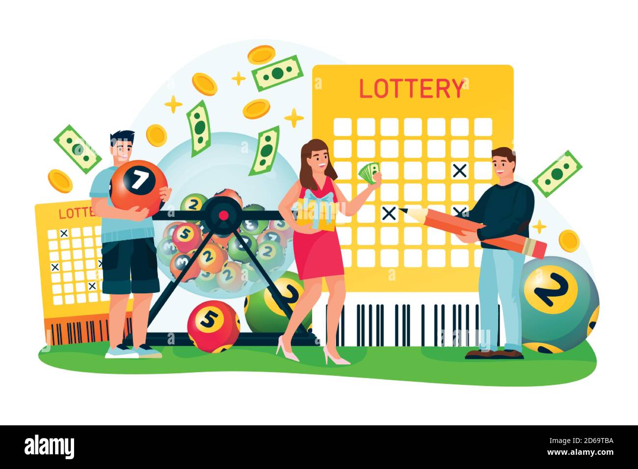 Glückliche Menschen gewinnen Geld in Bingo Lotterie. Vektor flache Cartoon-Illustration für Casino oder Glücksspiele. Mann und Frau Kreuz aus Zahlen in der Lotterie tic Stock Vektor