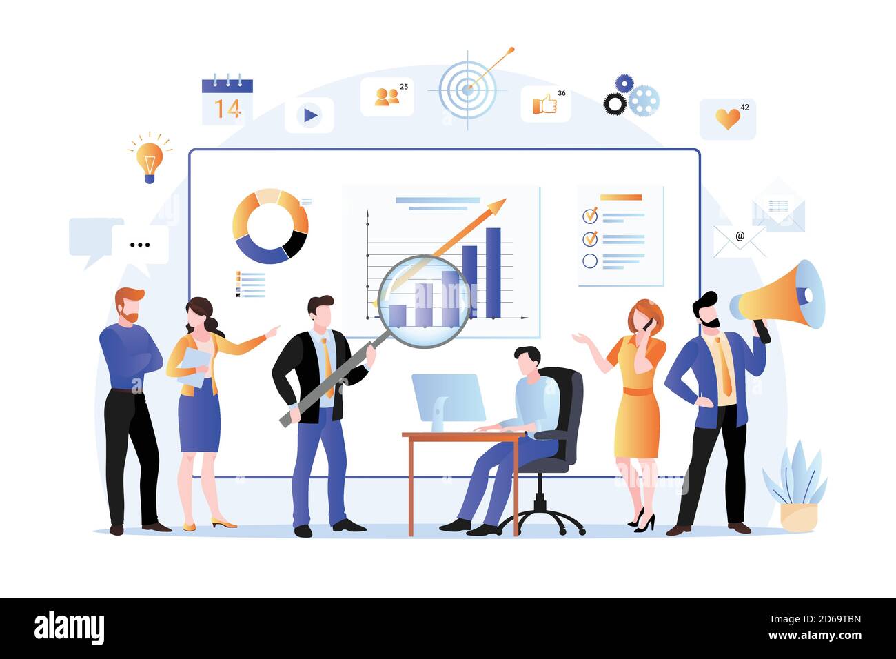 Projektmanager, Unternehmensvermarkter analysieren Daten, entwickeln Produktförderungsstrategie in sozialen Netzwerken. Vektor flache Illustration von Büro teamwor Stock Vektor
