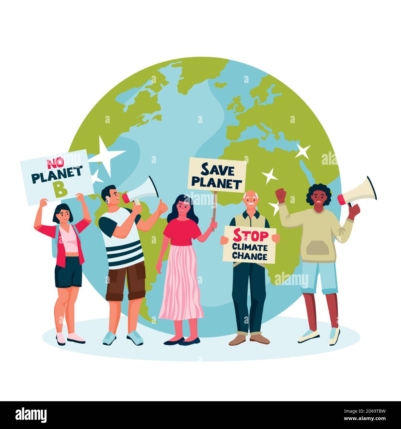 Umweltaktivisten machen auf den Klimawandel aufmerksam. Vector flache Cartoon-Illustration von protestierenden Öko-Aktivisten mit Plakaten, Fahnen, Loudspeake Stock Vektor