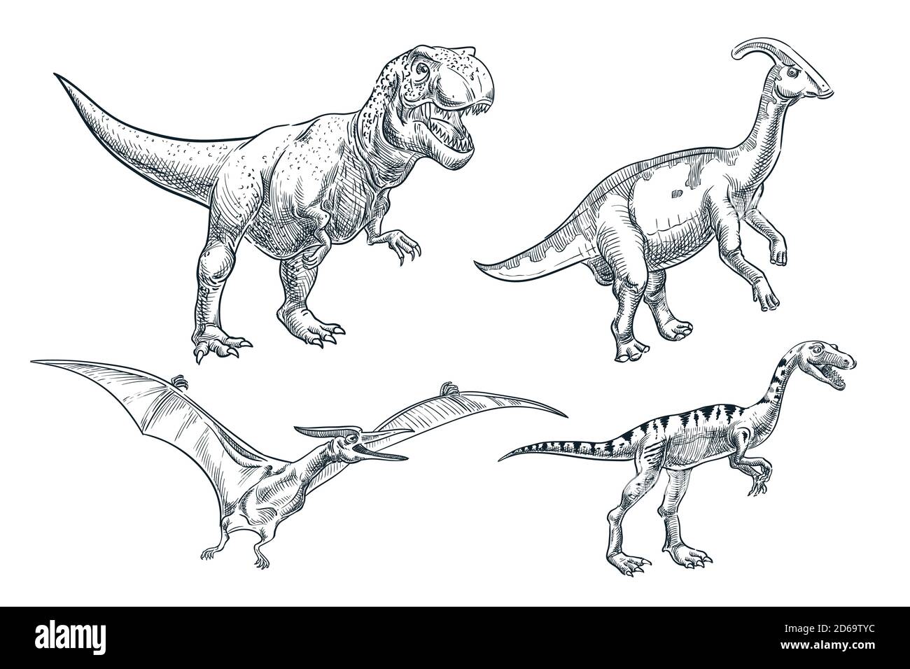 Dinosaurier handgezeichnete Skizze Illustration. Dino Kollektion, isoliert auf weißem Hintergrund. Vektordruck Designelemente. Stock Vektor