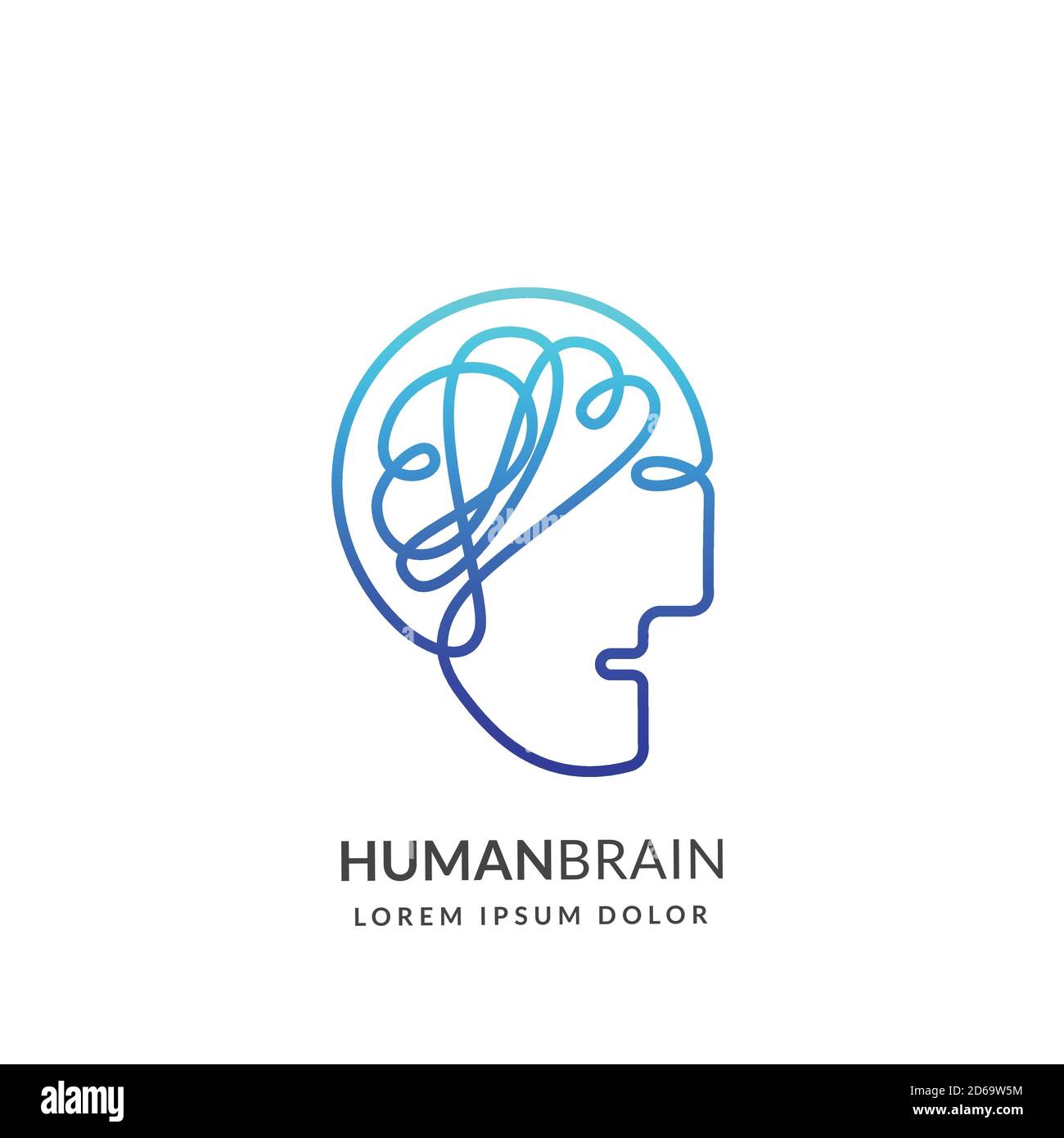 Menschlicher Kopf und Gehirn Logo Zeichen oder Emblem Design-Vorlage, isoliert auf weißem Hintergrund. Abstrakte kontinuierliche Linie kreative Idee Vektor-Symbol. Konzept für Stock Vektor