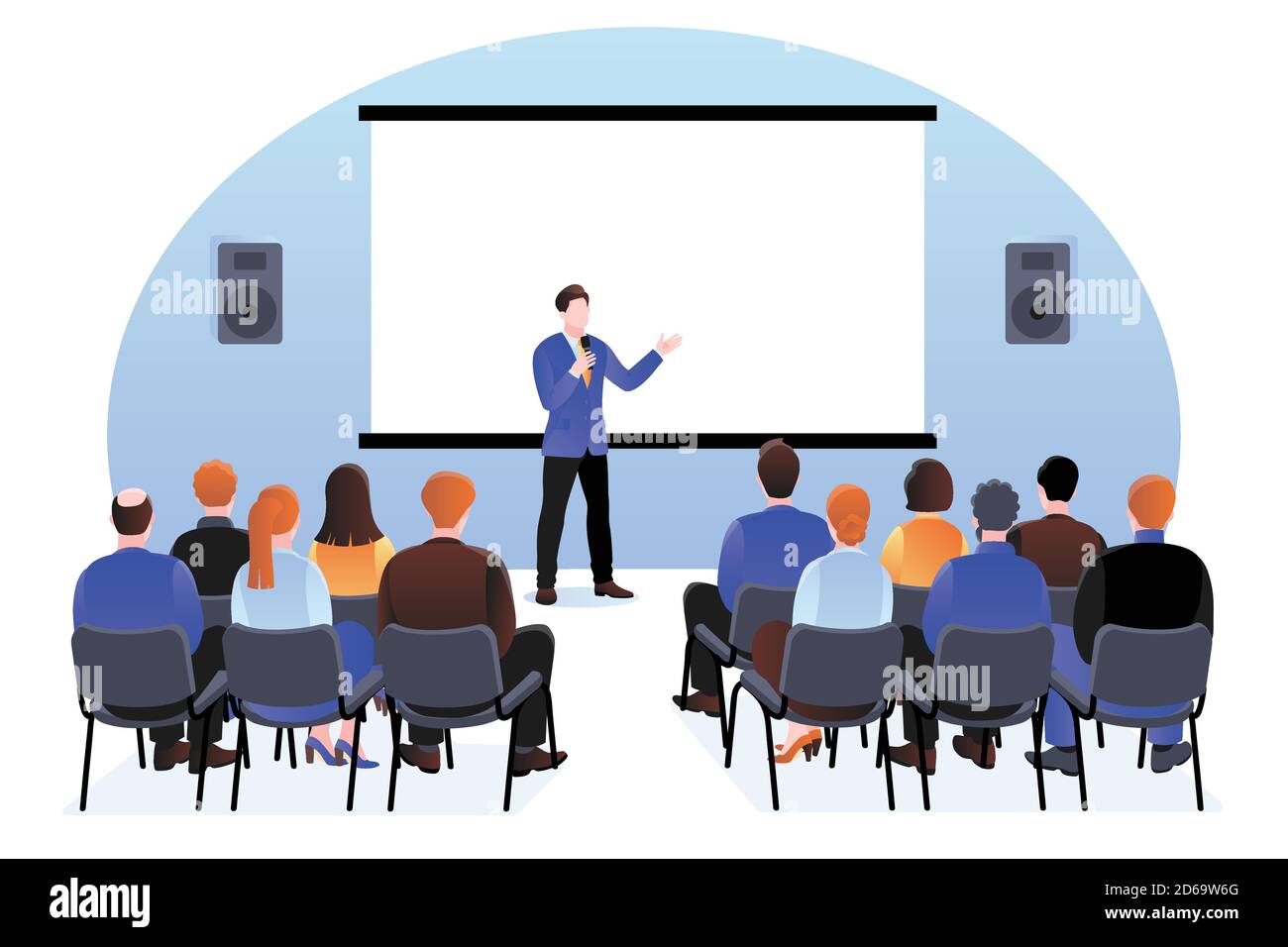 Gruppe von Personen auf dem Seminar, Präsentation oder Konferenz. Vektor flache Cartoon-Illustration. Professioneller Sprechercoach spricht mit dem Publikum. Busin Stock Vektor