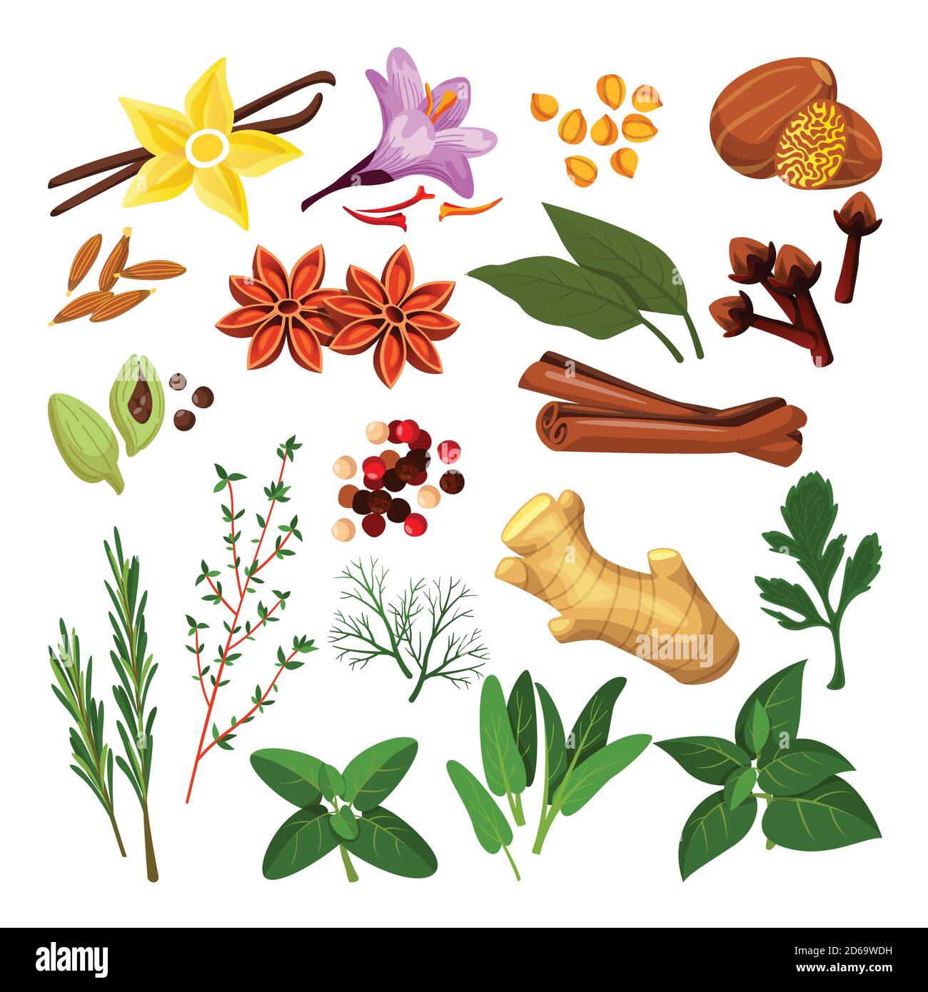 Gewürze und Kräuter Set. Vektor flache Cartoon-Illustration, isoliert auf weißem Hintergrund. Zimt, Pfeffer, Anis, Nelke, Ingwer, Kochikonen und Design Stock Vektor