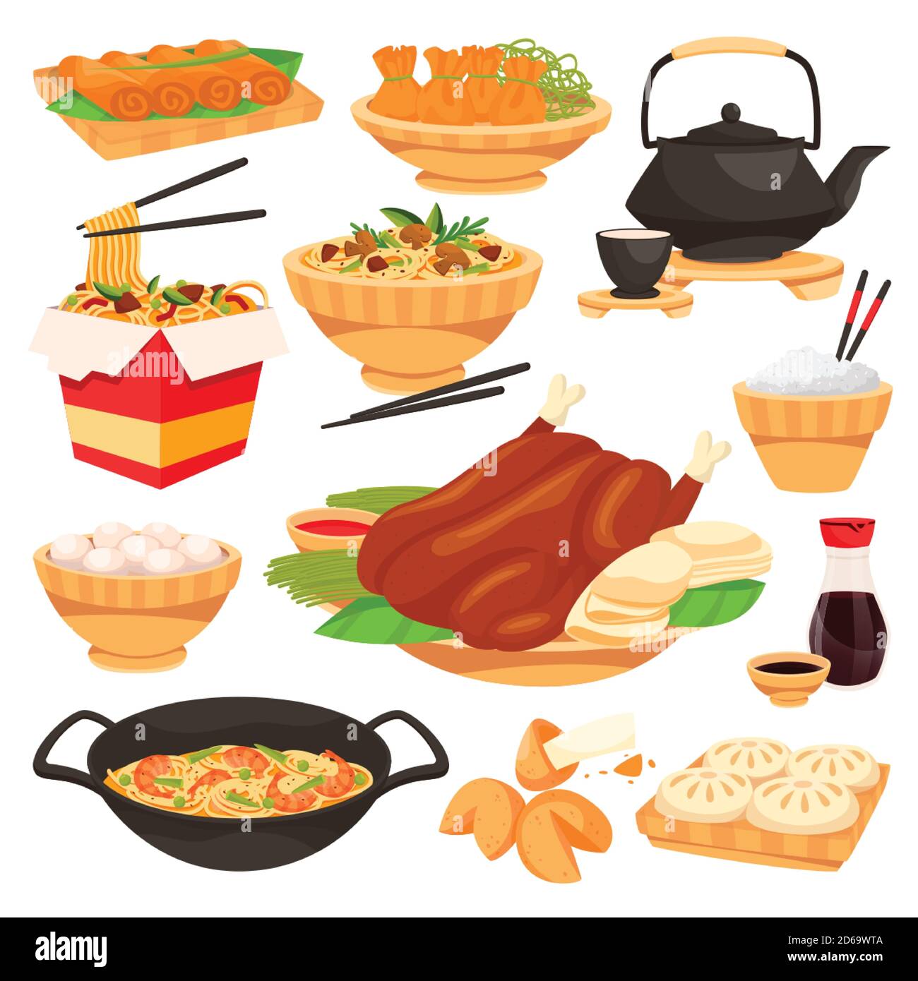 Traditionelle chinesische Speisen für den Urlaub. Vektor flache Cartoon-Illustration. Eine Gruppe isolierter gerichte der chinesischen Küche. Asiatisches Restaurant oder Café Menüdesign el Stock Vektor