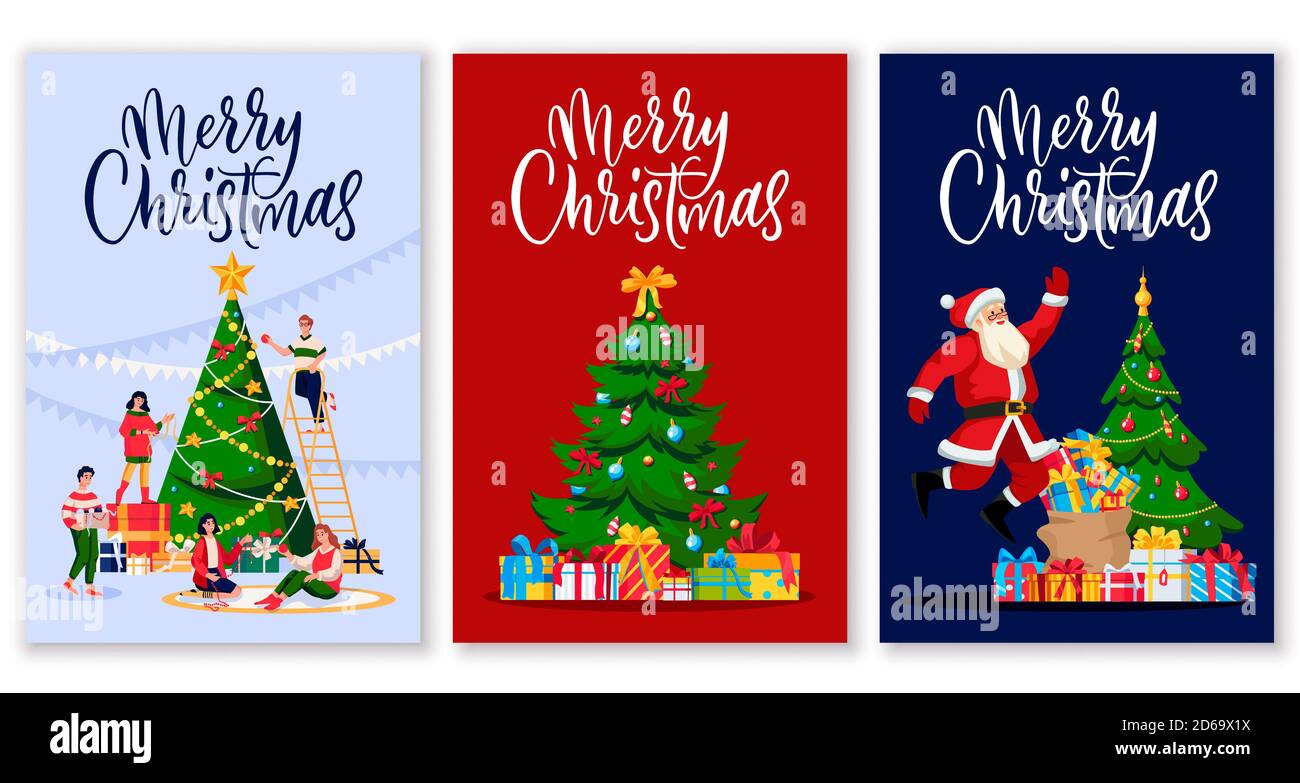 Frohe Weihnachten Kalligraphie Schriftzug Gruß Geschenkkarten oder Postkarten. Vector flache Cartoon-Illustration von Santa Claus und Menschen feiern Urlaub Stock Vektor