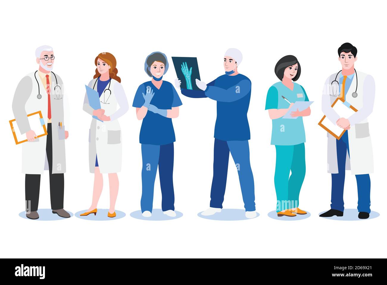 Männer und Frauen Ärzte, Chirurg und Krankenschwester isoliert auf weißem Hintergrund. Vektor flache Cartoon-Illustration. Medizinisches Team Menschen Zeichen gesetzt. Krankenhaus Stock Vektor