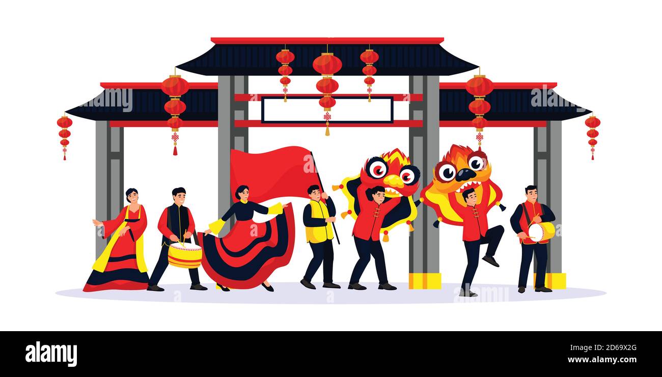 Wir Feiern Das Chinesische Mondneujahr. Vektor flache Cartoon-Illustration von glücklich tanzenden Menschen mit roter Flagge, Drachen Masken. Festtage Performance Parade i Stock Vektor