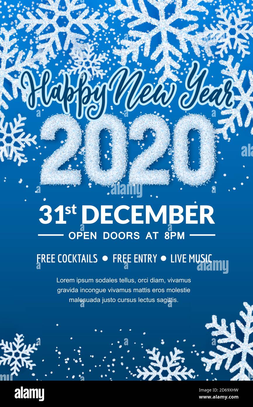 Happy New Year 2020 Party Poster oder Banner Vorlage. Flyer-Layout mit Platz für Text. Vektorgrafik. Weiße Schneezahlen am Winter abstr Stock Vektor