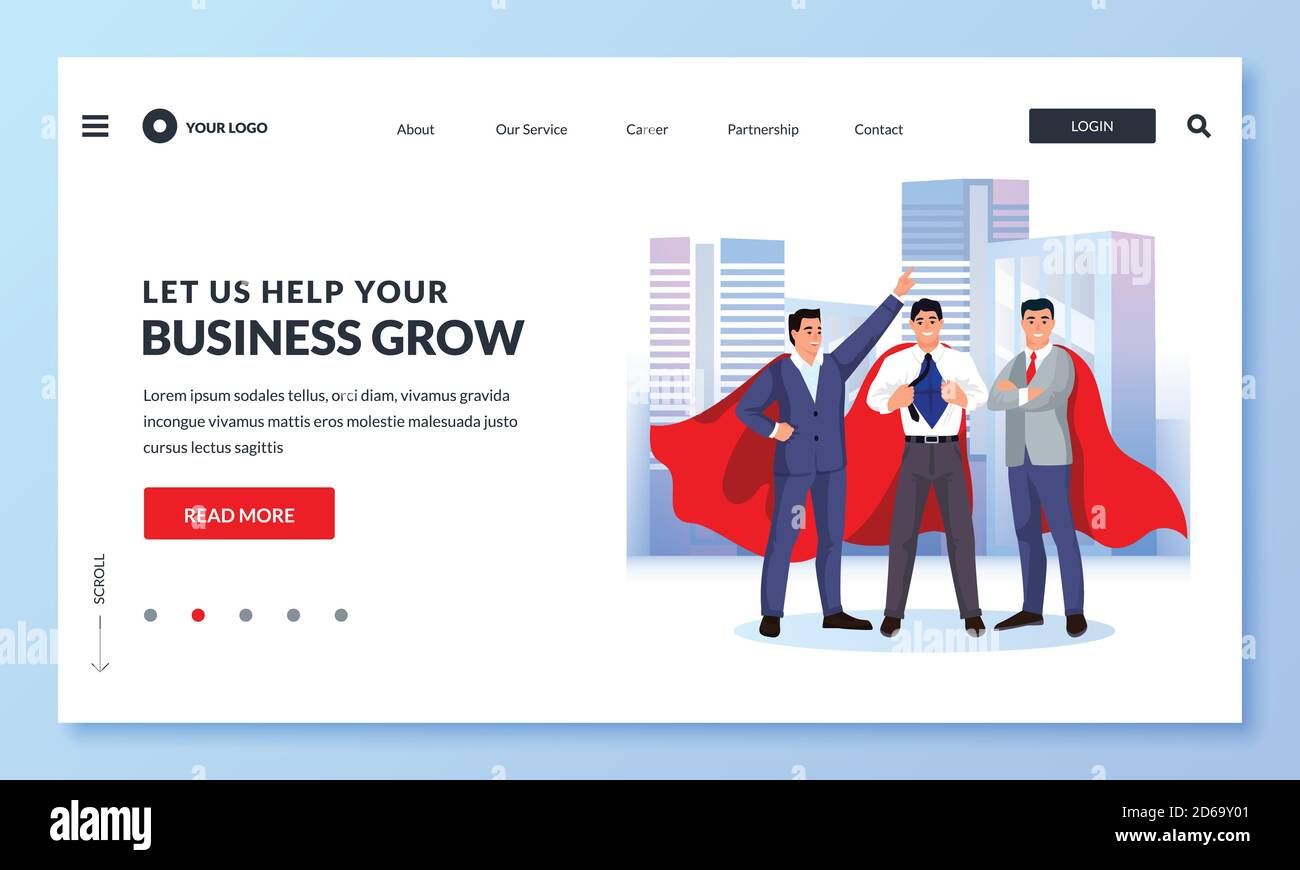 Drei Geschäftsleute in roten Superhelden-Umhängen gegen das Stadtbild. Vektor Business Illustration für Web Landing Page, Banner, Poster Design. Konzept der achi Stock Vektor