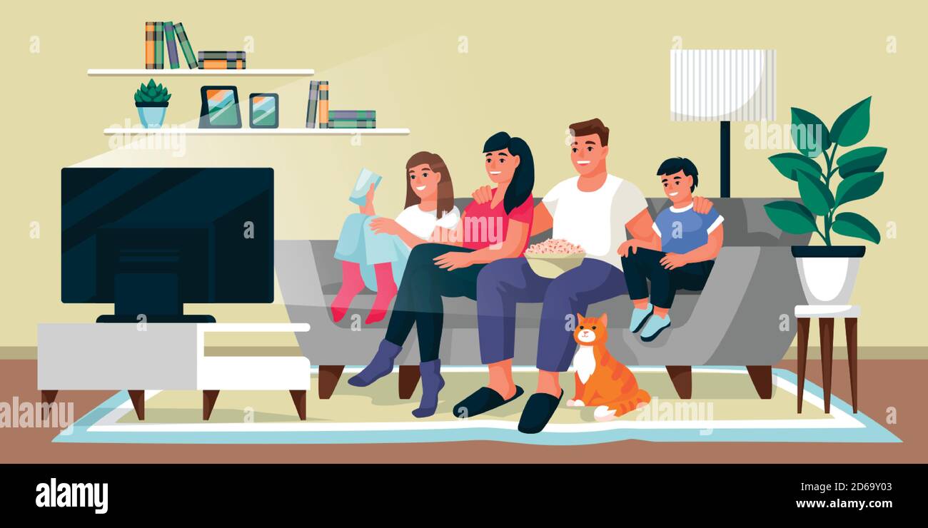 Familie, die im Wohnzimmer Fernsehen. Vater, Mutter und zwei Kinder sitzen zusammen auf dem Sofa. Vektor flache Cartoon-Illustration. Heimfilmzeit, Indoor-Wee Stock Vektor