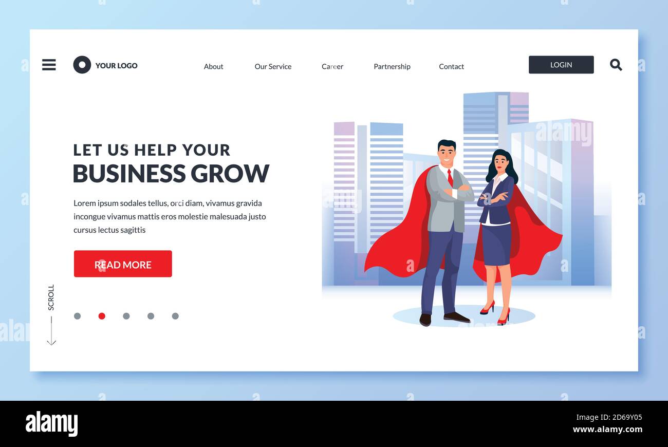 Geschäftsmann und Geschäftsfrau in roten Superhelden-Umhängen gegen das Stadtbild. Vektor Business Illustration für Web Landing Page, Banner, Poster Design. Kontra Stock Vektor