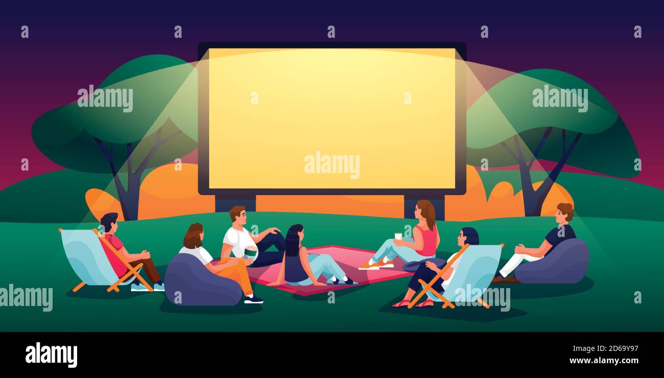 Abendkino im Sommerkino im Freien. Vektor flache Cartoon-Illustration. Menschen, die Filme im Freiluftkino ansehen. Filmfestival, Veranstaltungen und Unterhaltung Stock Vektor
