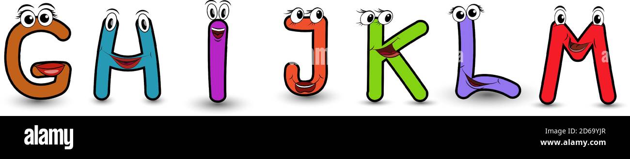 Satz von Vektor-Alphabet lustige Cartoon Stil handgezeichnet Schriftart mit einem bunten G H IJ K L M Großbuchstaben. Vektor-Illustration eine Buchstaben mit lustigen Fac Stock Vektor