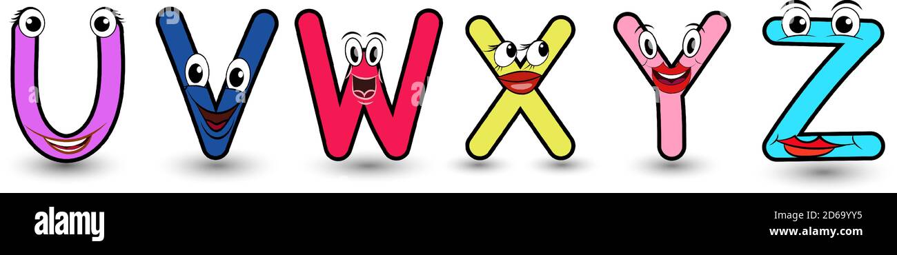 Satz von Vektor-Alphabet lustige Cartoon Stil handgezeichnet Schriftart mit einem bunten U V W X Y Z Großbuchstaben. Vektor-Illustration eine Buchstaben mit lustigen Gesicht Stock Vektor