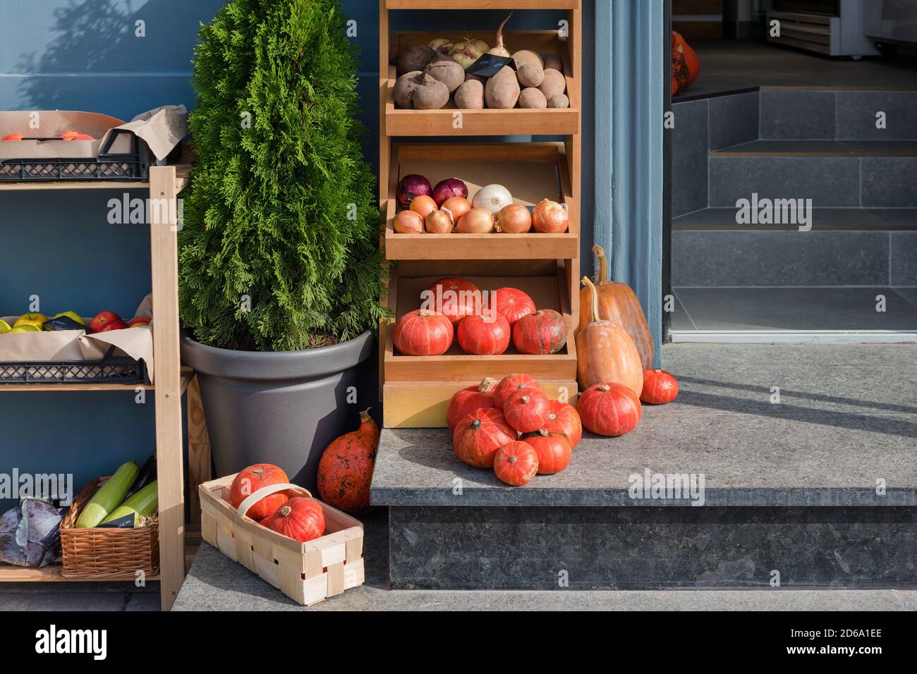 Frisches Obst und Gemüse auf Holzmarkttheke. Lokaler Markt, Gartenprodukte, sauberes Essen und Diät-Konzept. Bauernmarkt, Bio-Lebensmittel Stockfoto