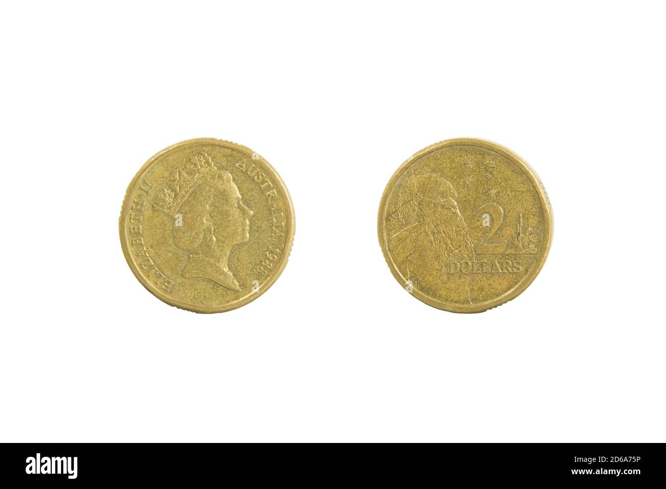 Nahaufnahme einer australischen 2-Dollar-Münze, vorne und hinten. Isoliert auf Weiß. Stockfoto