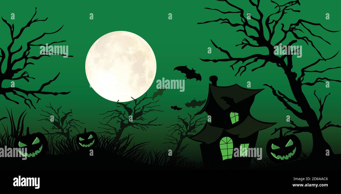 Frohe Halloween. Hexenhaus, Kürbis, Baum und Mond mit fröhlichen Gesicht auf grünem dunklen Nachthintergrund. Vektorgrafik. EPS10 Stock Vektor