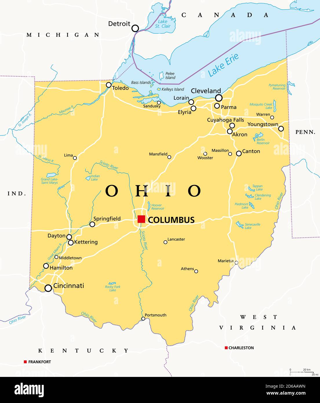 Ohio, OH, politische Karte. Staat in der Region Ost-Nord-Zentral im Mittleren Westen der Vereinigten Staaten von Amerika. Hauptstadt Columbus. Der Buckeye-Status. Stockfoto
