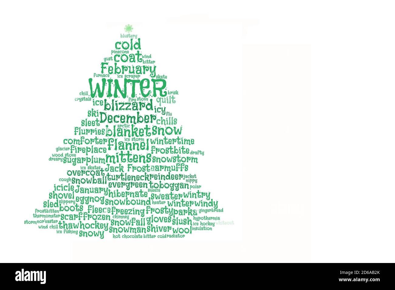 Grünes Wort Wolke auf weiß, Form einer Tanne, Konzept für Winter, kaltes Wetter, Weihnachten Stockfoto