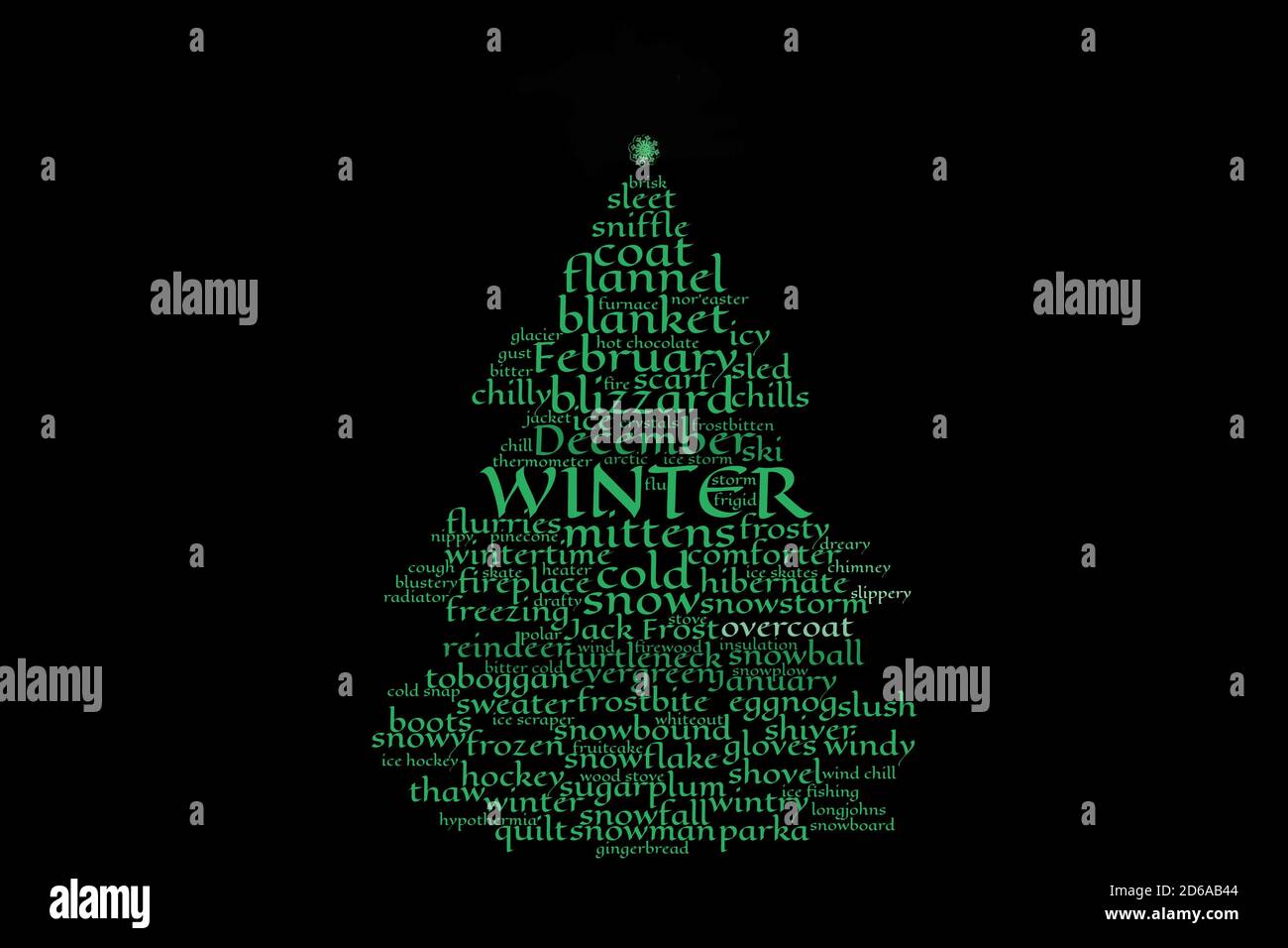 Textwolke, Form eines Weihnachtsbaumes, Konzept für den Winter, Weihnachtszeit Stockfoto